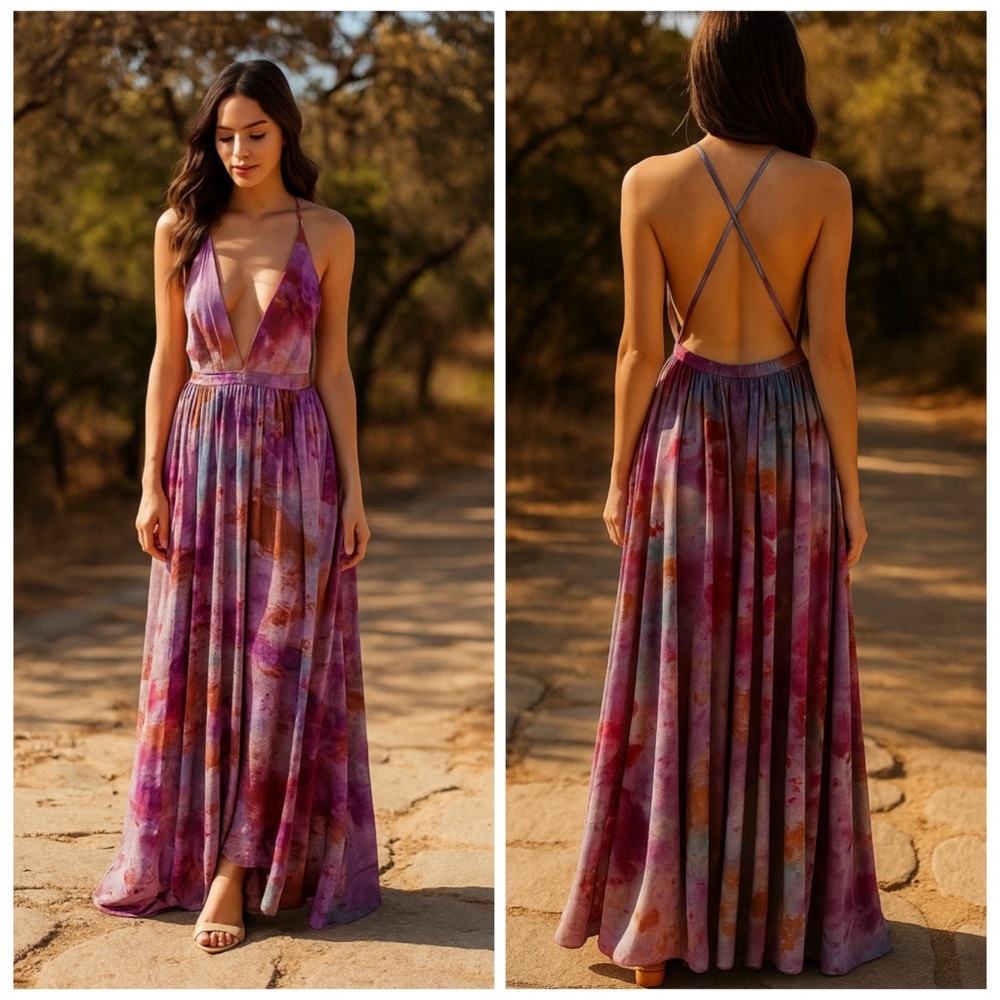 Fame and Partners Valentina Pink Watercolor Open Back Maxi Gown Dress Size 6 NWT